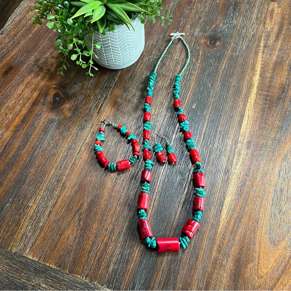 Real Turquoise Red Coral Necklace Bracelet Earring 3 pc set blue green handmade - Picture 14 of 16
